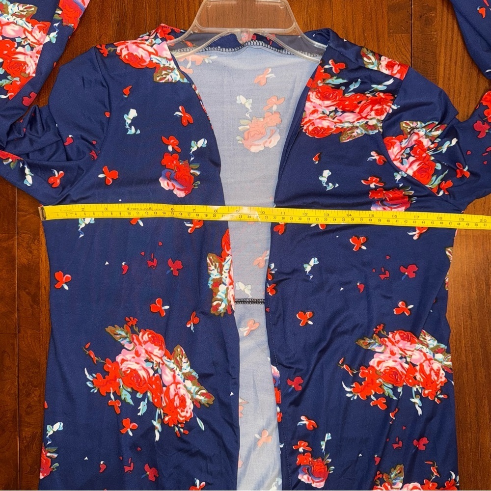 Navy Blue Floral Open Front Long Sleeve Cardigan - Picture 13 of 14